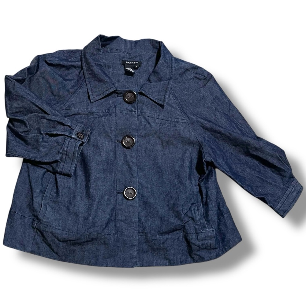 Sandro Sport dark wash denim jacket Sz L oversized boxy cropped chore‎ coat